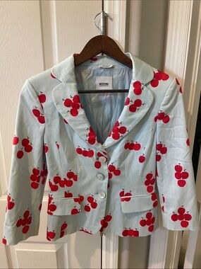 Moschino Light Blue Blazer with Red Cherry Print